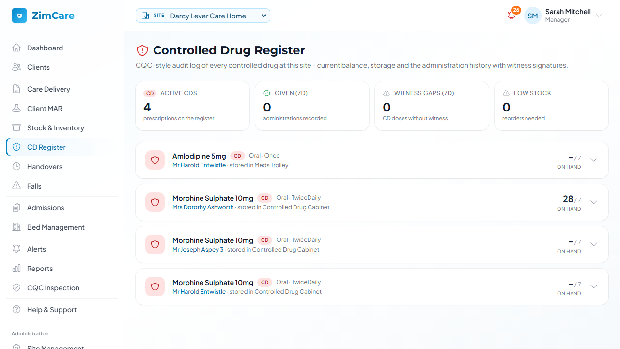 ZimCare Controlled Drug Register, a CQC-style audit log with running balances, storage and witness tracking